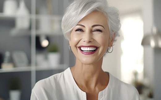 Older woman smiling with her new dentures